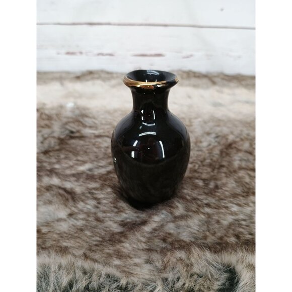 Vintage Hand-Painted Black Ceramic Vase With Gold Rim & Bird‎ Floral Design - Picture 2 of 7